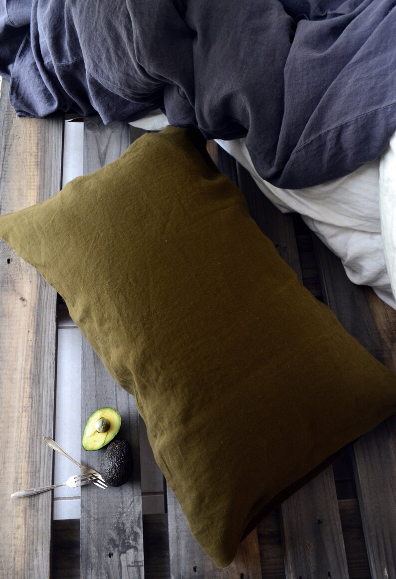 Olive green stonewashed linen pillow case. Standard King and Etsy