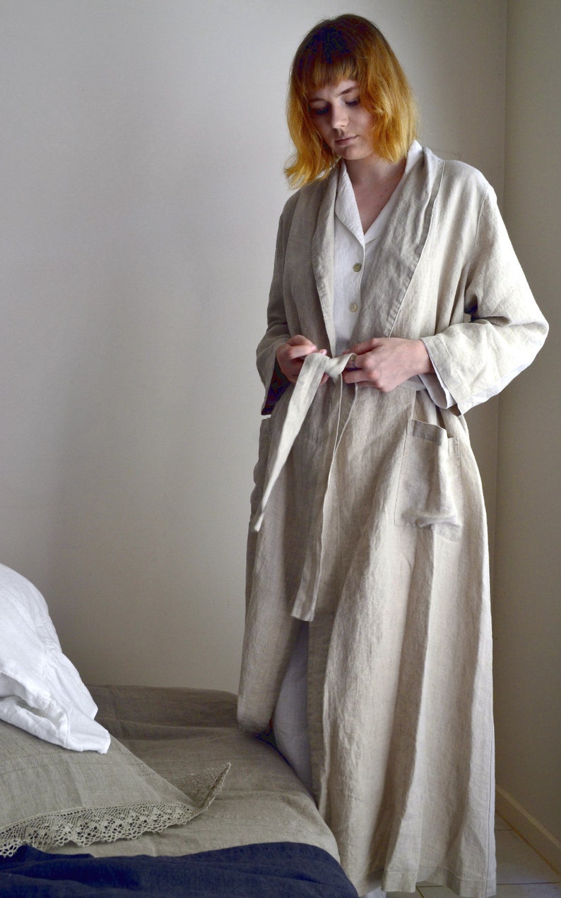 Vintage-Inspired Natural Linen Robe/ Long Linen Gown/ Luxurious Spa Robe image 5