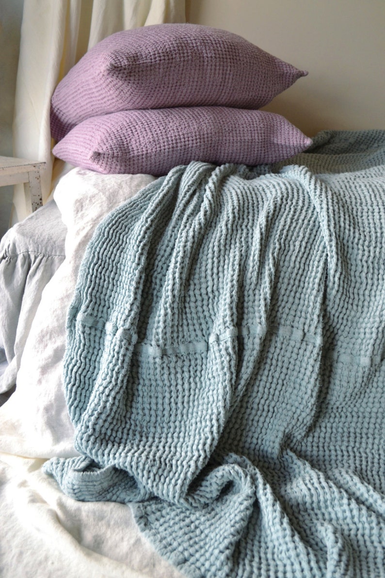 Large size Super Heavy Duck Egg Blue Waffle Textured Stonewashed Linen Throw Bed cover Linen Blanket