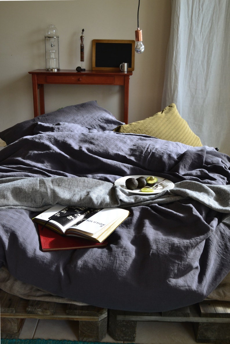 Charcoal stonewashed medium weight linen duvet/doona/ quilt cover. King and Queen sizes image 3