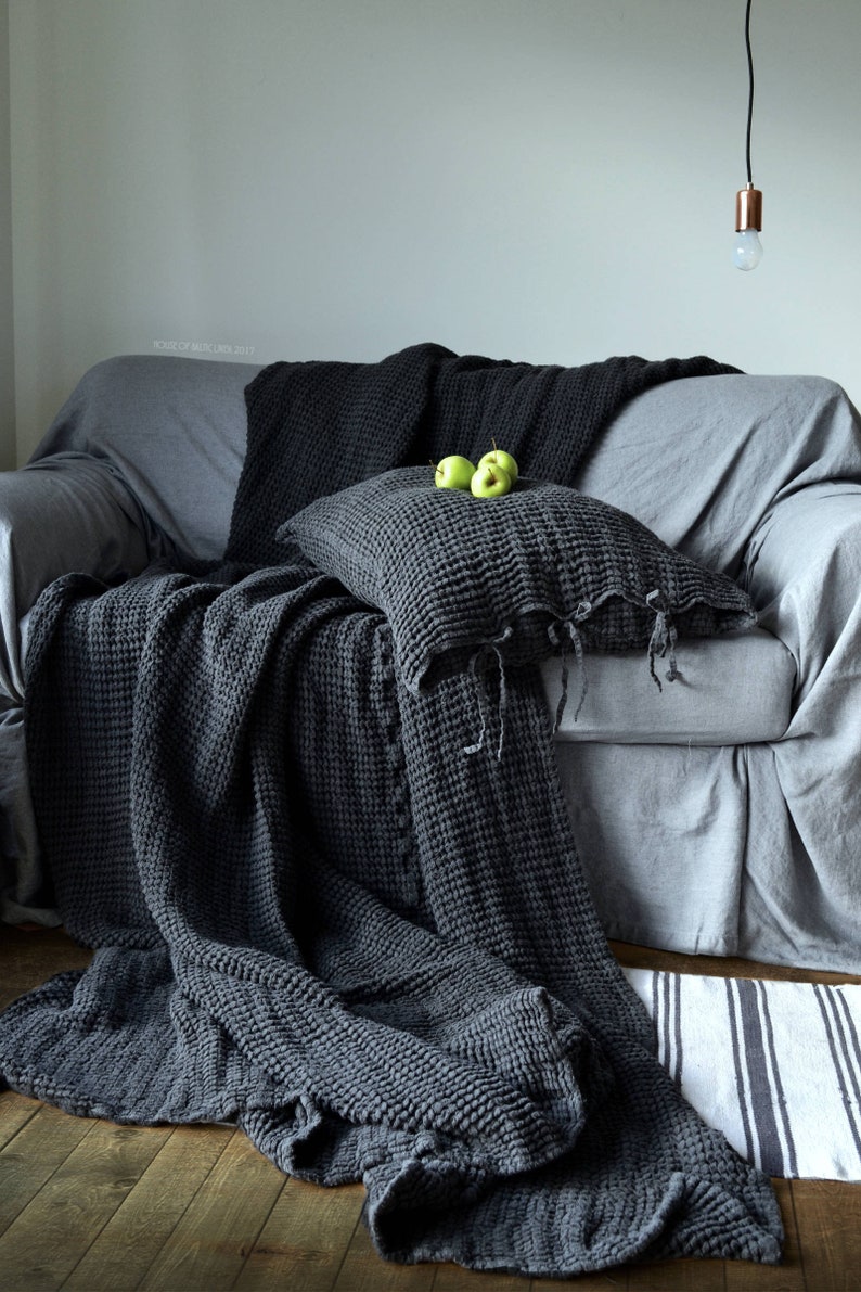 Pre-order ONLY Super Heavy Peppercorn Dark Grey Waffle Textured Stonewashed Linen Throw Bed cover Linen Blanket