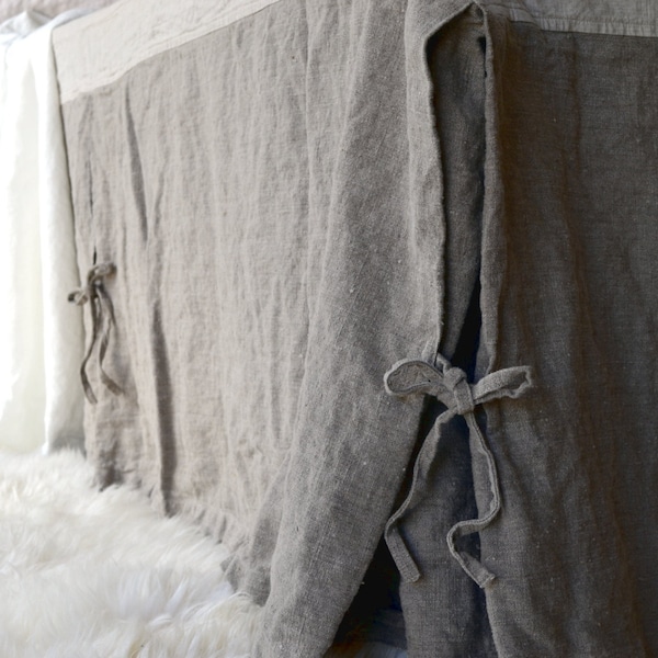 Heavy Weight Rustic Linen Bedskirt / Valance / Dust Ruffle, Box Pleated, Natural Flax colour. Stonewashed linen bedding