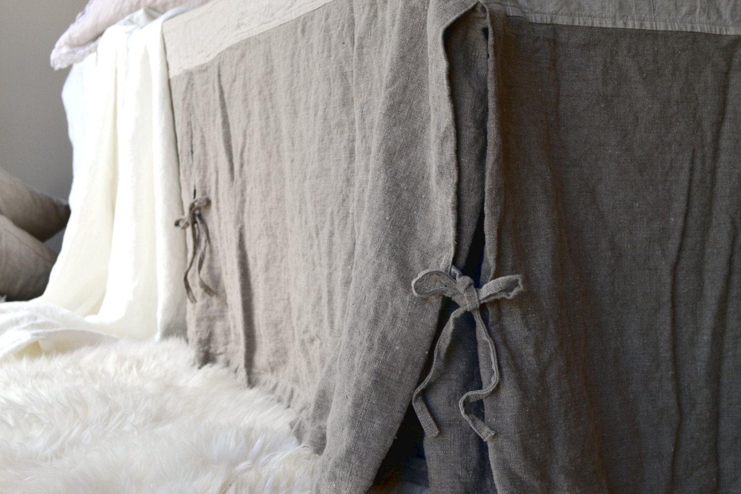 Jupe de Lit Rustique Lin Poids Lourd/Valance Volant Poussière, Boîte Plissée, Couleur Naturel. Liter