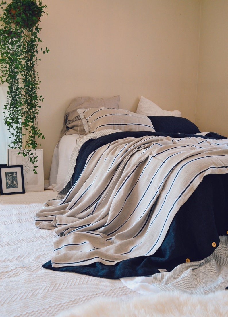 Retro Stripe Heavy weight Linen Bed Cover/ Coverlet/ Linen Summer Blanket image 2