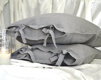 Light Grey Stonewashed Linen Pillowcase With Ties, Luxurious Pure Linen Bedding