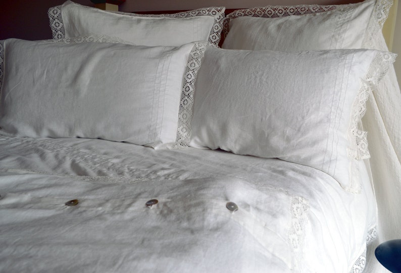 Provincial Living. Pure linen pillowcase with white linen lace. Antique white. Vintage inspired linen bedding image 5