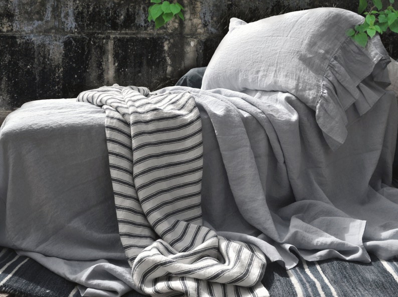 Light grey luxurious natural linen flat sheet. Stonewashed linen bedding. image 2