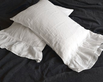 Antique white linen pillow case with ruffle King and Standard sizes/ Natural stonewashed linen/ Pure linen bedding