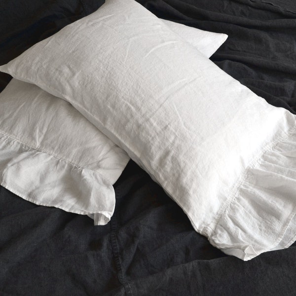 Antique white linen pillow case with ruffle King and Standard sizes/ Natural stonewashed linen/ Pure linen bedding