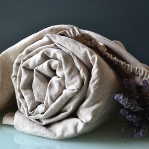 Luxurious natural stonewashed linen fitted sheet. Medium weight linen. Undyed linen bedding. image 1