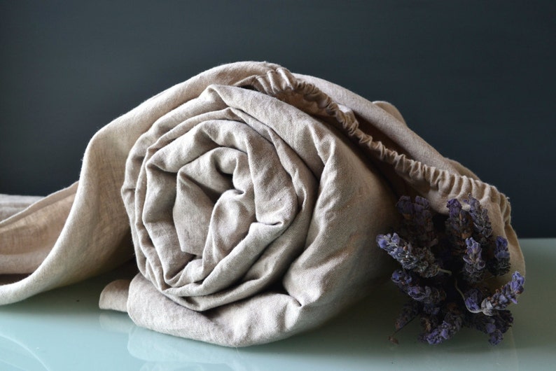 Luxurious natural stonewashed linen fitted sheet. Medium weight linen. Undyed linen bedding. image 1