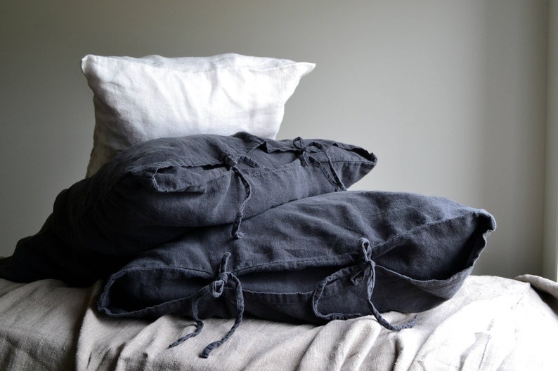 Rustic, Heavyweight Linen Pillowcase with Ties in Peppercorn Dark Grey Standard, Euro and King sizes image 2