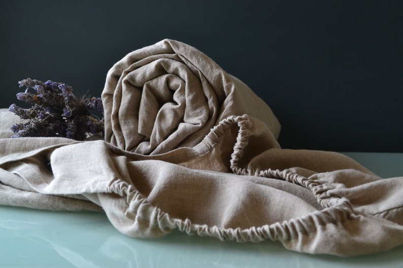 Luxurious natural stonewashed linen fitted sheet. Medium weight linen. Undyed linen bedding. image 2