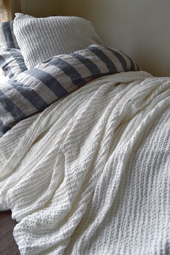 Ivory Waffle Textured Linen Quilt Calming Blanket Bed Cover