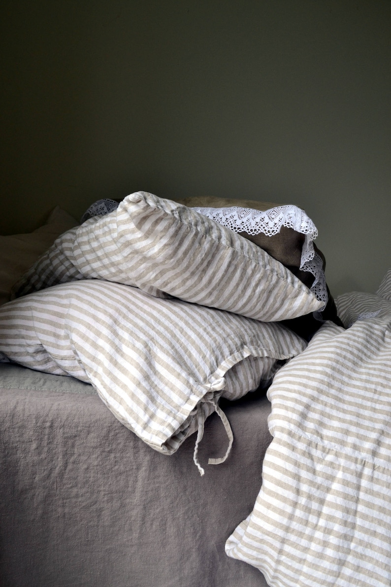 Rustic Pinstripe heavyweight natural linen pillow case. Rustic stonewashed linen bedding. Handmade linen image 3