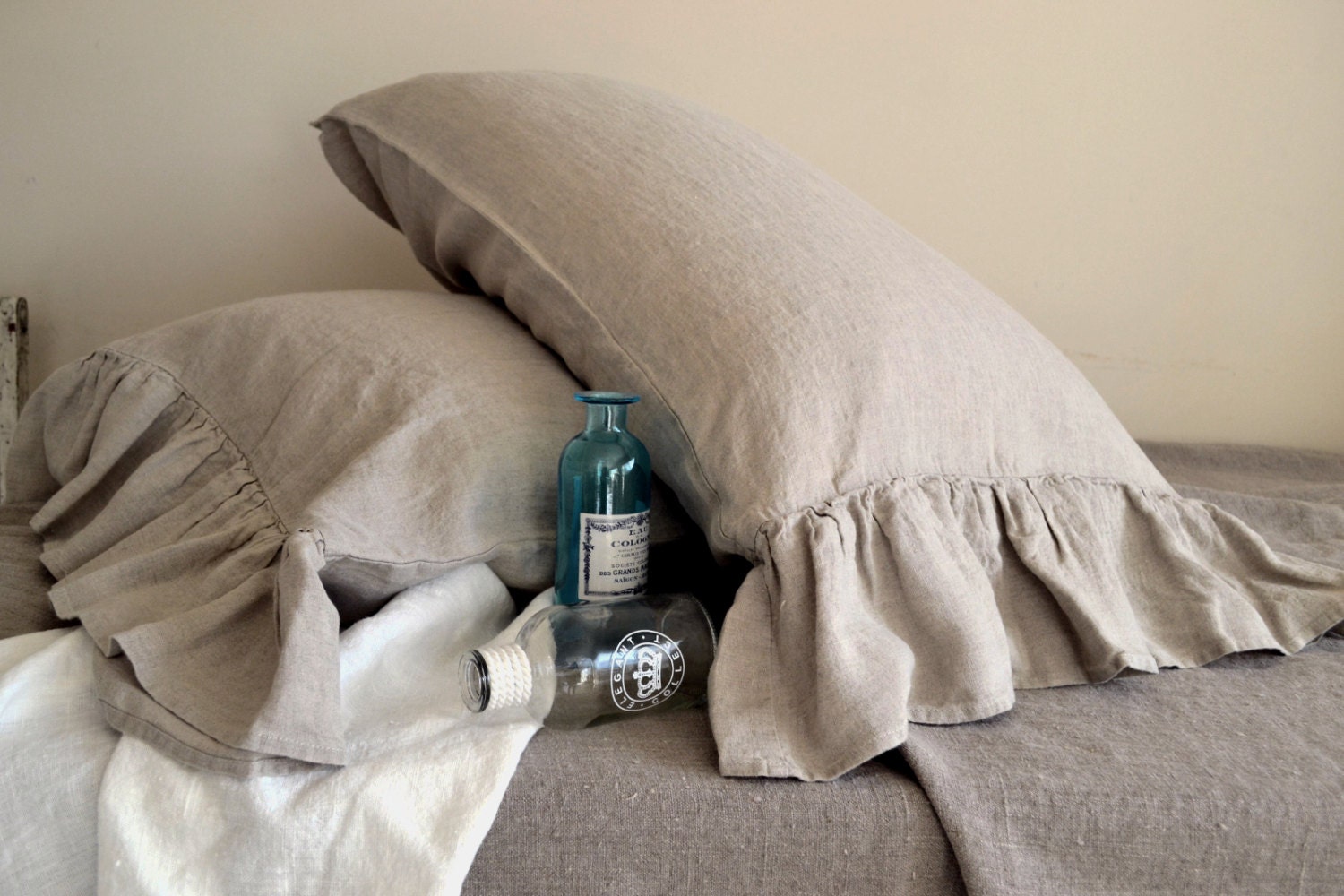 Natural linen pillow case with ruffle / stonewashed linen/ Etsy