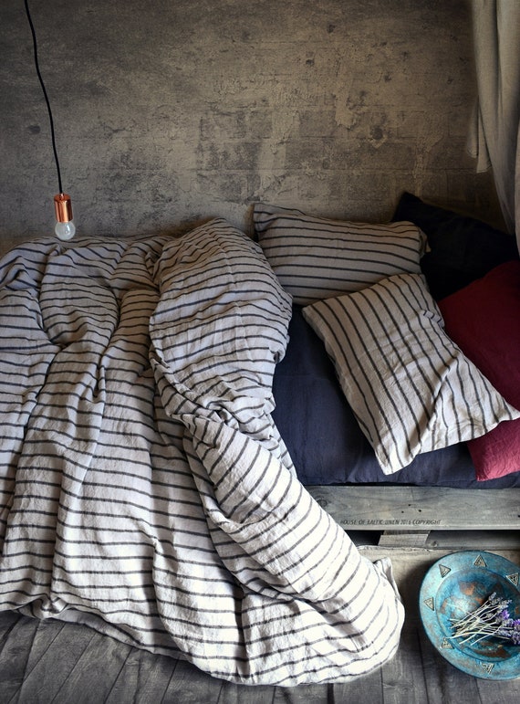 New Vintage Black Ticking Stripe Linen Duvet Cover Quilt - Black And Ivory Ticking Bedding New Vintage Black Ticking Stripe Linen Duvet Cover Quilt - Black And Ivory Ticking Bedding