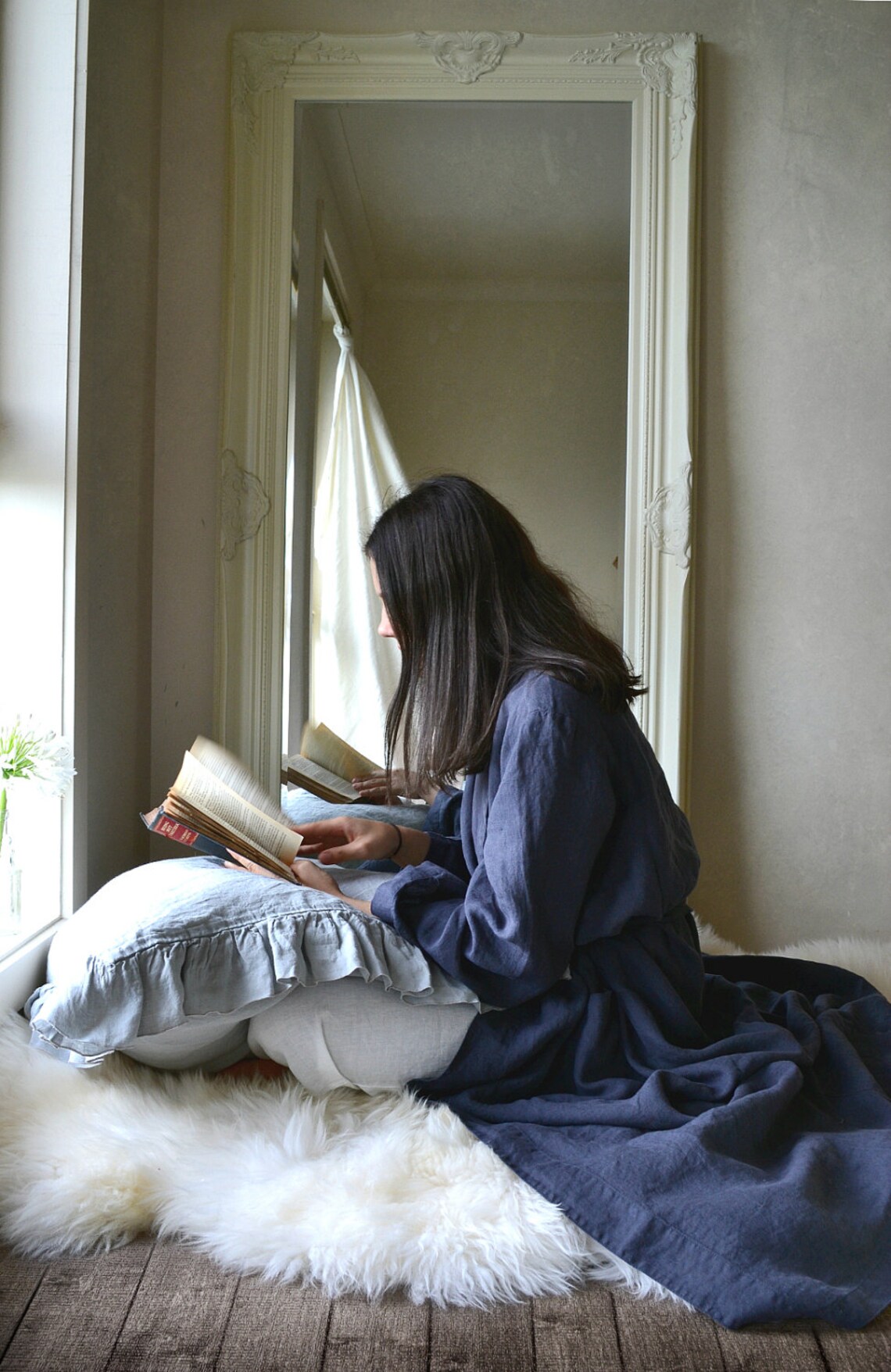 Vintage Inspired Midnight Blue Linen Dressing Gown/ Etsy Australia