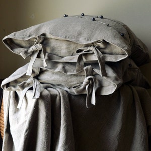 Natural stonewashed linen pillow case with ties. Pure linen bedding image 2