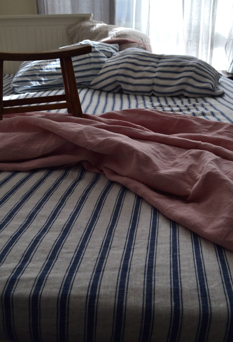 Heavy Linen Fitted Sheet With French Vintage Navy Ticking Etsy