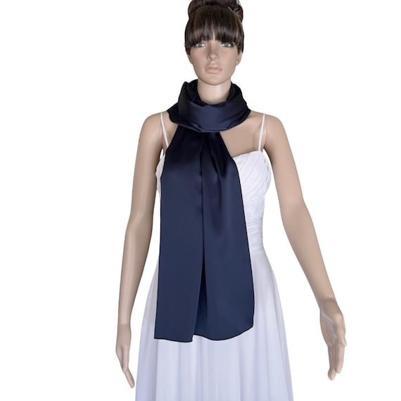 Navy Blue Wrap Scarf. Navy Blue Long Scarf. Satin Silk Shawl