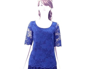 Blue Bridesmaid Top. Top With Sleeves. Stretch Lace Top. Blue Party Blouse.