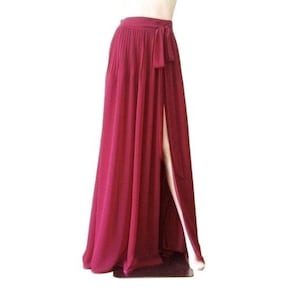 Light Burgundy Maxi Skirt. Light Burgundy Bridesmaid Skirt. Long Evening Skirt. Chiffon Floor Length Skirt. Skirt With Slit.