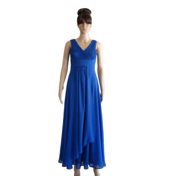 white christmas dresses Royal Blue Chiffon A-line V-neck Long Pleated Bridesmaid Dresses, MBD278