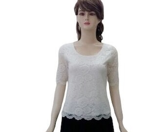 Off White Bridesmaid Top. Stretch Lace Top. Off White Party Blouse. Top With Sleeves