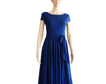 Navy Blue Bridesmad Dress. Cap Sleeves Dress