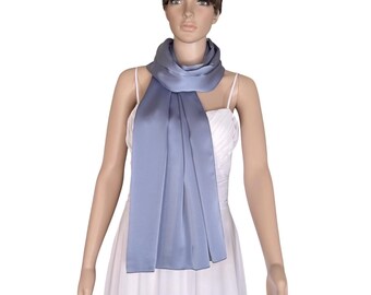 Dark Dusty Blue Wrap Scarf. Dark Dusty Blue Long Scarf. Satin Silk