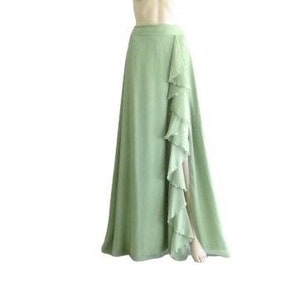 Dark Sage Green Maxi Skirt. Dark Sage Green Bridesmaid Skirt. Long Ruffle Evening Skirt. Chiffon Floor Length Skirt. Skirt With Slit.