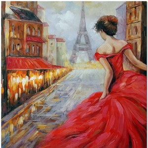 May include: Oil painting of a woman in a red dress, walking away from the viewer on a Parisian street. The Eiffel Tower is visible in the background. Buildings with red awnings line the street.