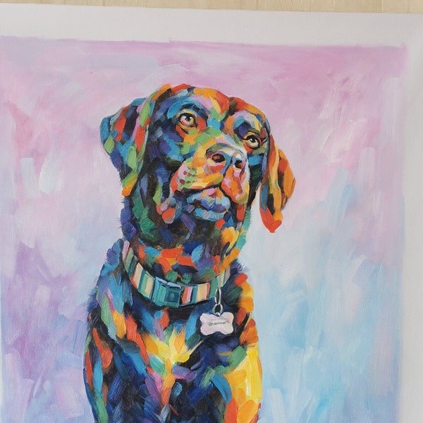 Hand Painted Custom Multi-colored Dog Oil Painting (paint pet or animal from photo),  Commission Colorful Impressionist Painting