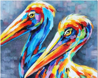 Original Hand Painted Impressionist Pelican Oil  Painting On Canvas - Modern Colorful Animal Art Thick Oil Heavy Texture