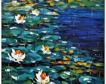 Water Lilies - Handmade Modern Impressionist Flower Oil Painting On Canvas Thick Paints Heavy Texture