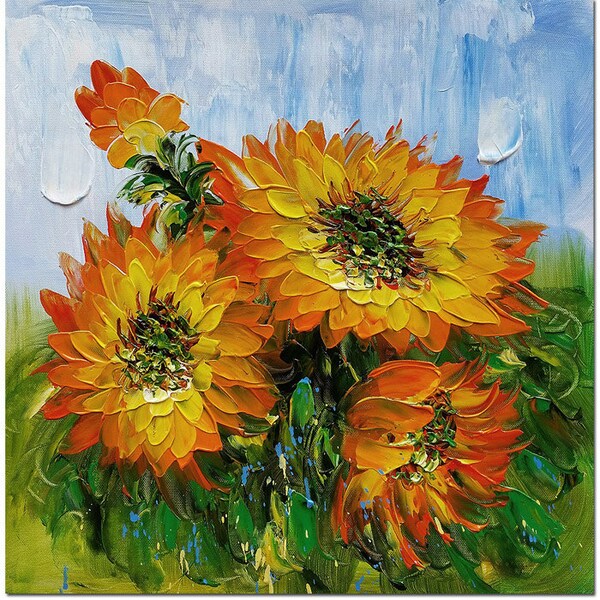 Pintura al óleo de flor de girasol pintada a mano sobre lienzo pinturas gruesas textura pesada - certificado de arte floral impresionista contemporáneo incluido
