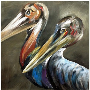 Handmade Pelican Painting On Canvas - Signed Nautical Bird Art CERTIFICATE INCLUDED