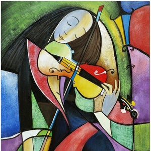 Der Geiger Ölgemälde Auf Leinwand - Handgefertigte Kubistische Musiker Fine Art ZERTIFIKAT INKLUSIVE