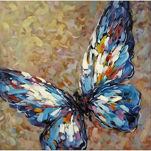 Original Impressionist Blue Butterfly Oil Painting -Textured Handmade Impasto Art on Canvas Nature Home Wall Decor