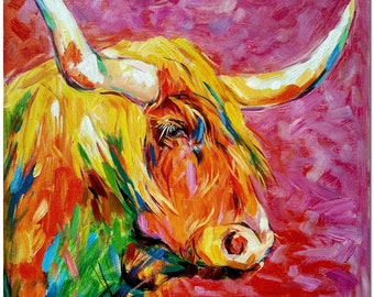 Handgemaakt hooglandkoe-olieverfschilderij op canvas - moderne kleurrijke impressionistische dieren vee muurkunst woondecoratie dikke verf