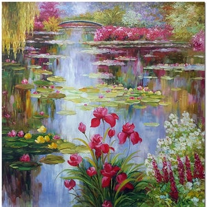 Handmade Modern Impressionist Garden Water Lilies Oil Painting On Canvas - Certificate of Authenticity Included