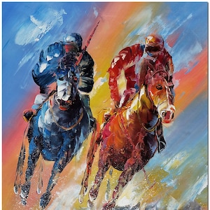 Windsor Charge - Handmade Colourful Horse Racing Modern Equestrian Wall Art, Palette Knife Heavy Texture