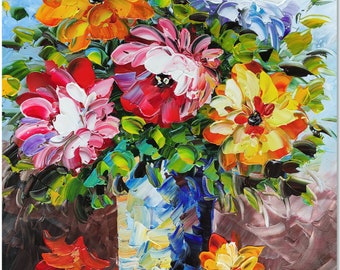 Vase of Colorful Flowers - Hand Painted Palette Knife Flower Oil Painting On Canvas Thick Paints Heavy Texture
