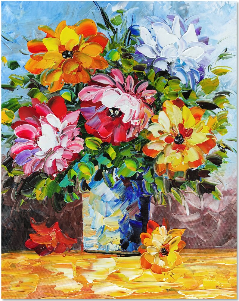 Vase of Colorful Flowers Hand Painted Palette Knife Flower Etsy