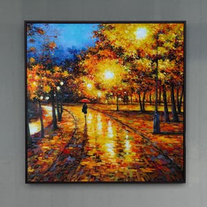 Original Handmade Modern Impressionist Oil Painting, Autumn Landscape, Thick Paints CERTIFICATE INCLUDED - Landscape of Rainy Night