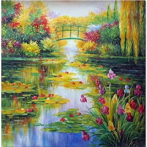 Handmade Water Lilies Oil Painting On Canvas Modern Impressionist Garden Pond Wall Art Home Decor