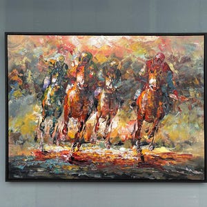 Framed Hand-painted Horse Racing Painting, Palette Knife