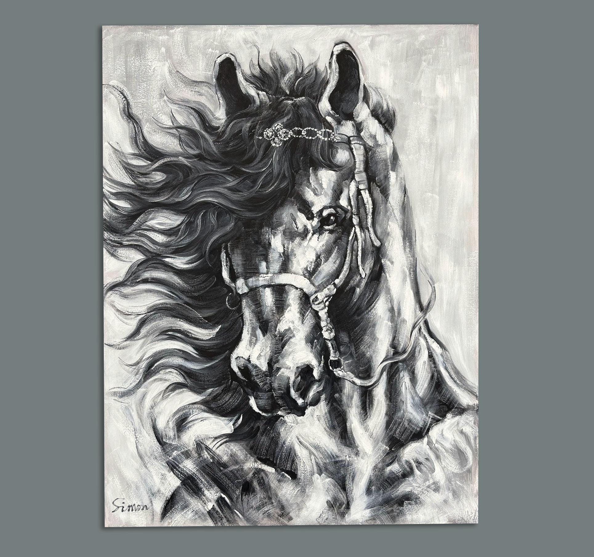 抽象画 馬のデザイン モノクロ オリジナルの手作り馬の絵画、白黒カラー、印象派の馬のアート