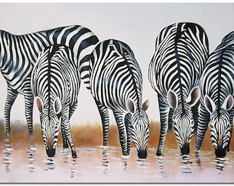 Herd of Zebras  - Handmade Zebra Oil Painting On Canvas Animal Fine Art CERTIFICATE INCLUDED